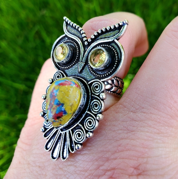 New Mosaic Jasper & Citrine Mystical Owl 925 Silver Ring. - Picture 12 of 12